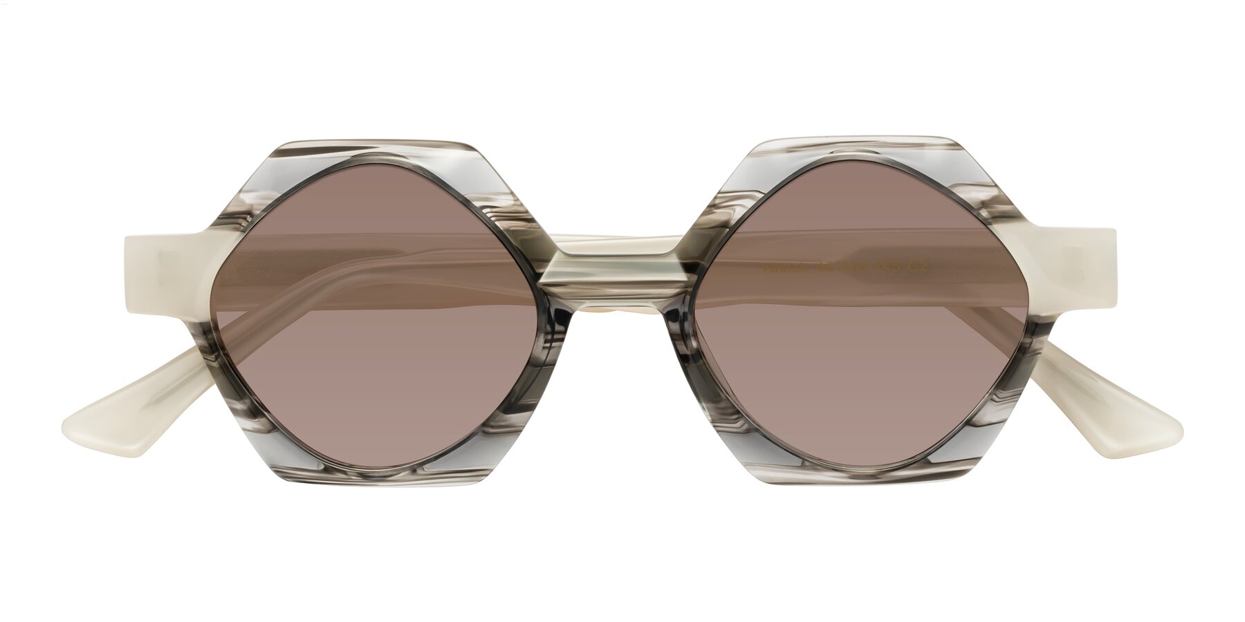 Folded Front of Yukich in Gray Striped with Medium Brown Tinted Lenses