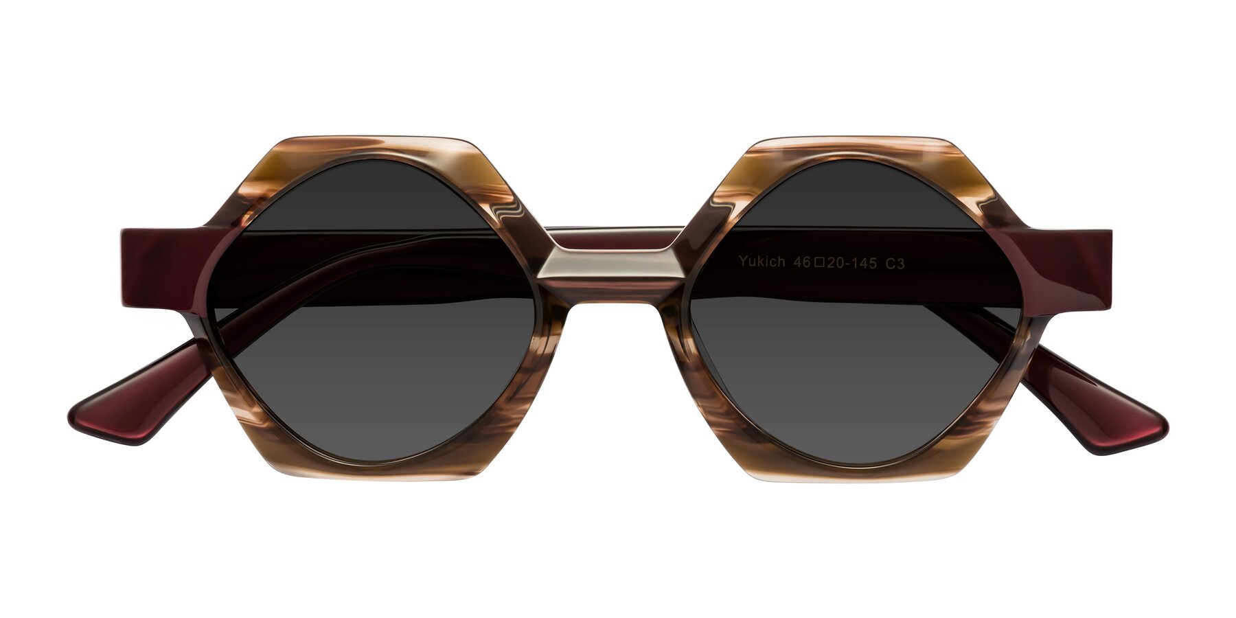 Folded Front of Yukich in Brown Striped with Gray Tinted Lenses