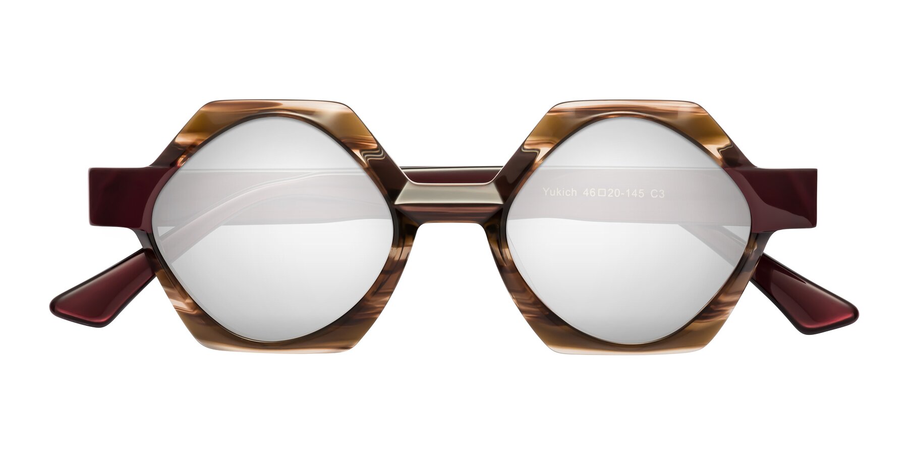 Folded Front of Yukich in Brown Striped with Silver Mirrored Lenses