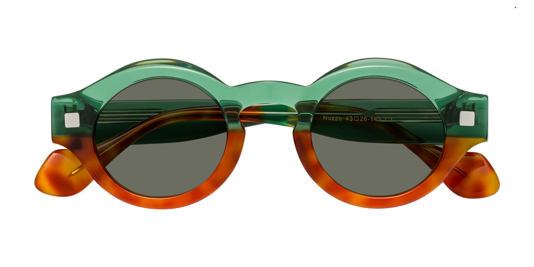 Folded Front of Nuzzo in Green-Orange Tortoise with Gray Polarized Lenses