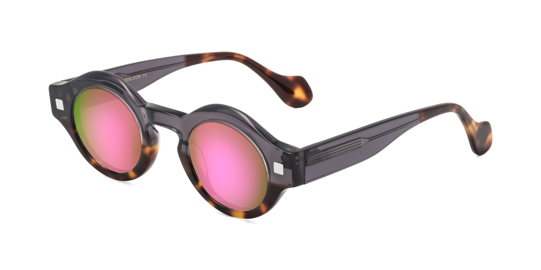 Angle of Nuzzo in Gray-Tortoise with Pink Mirrored Lenses
