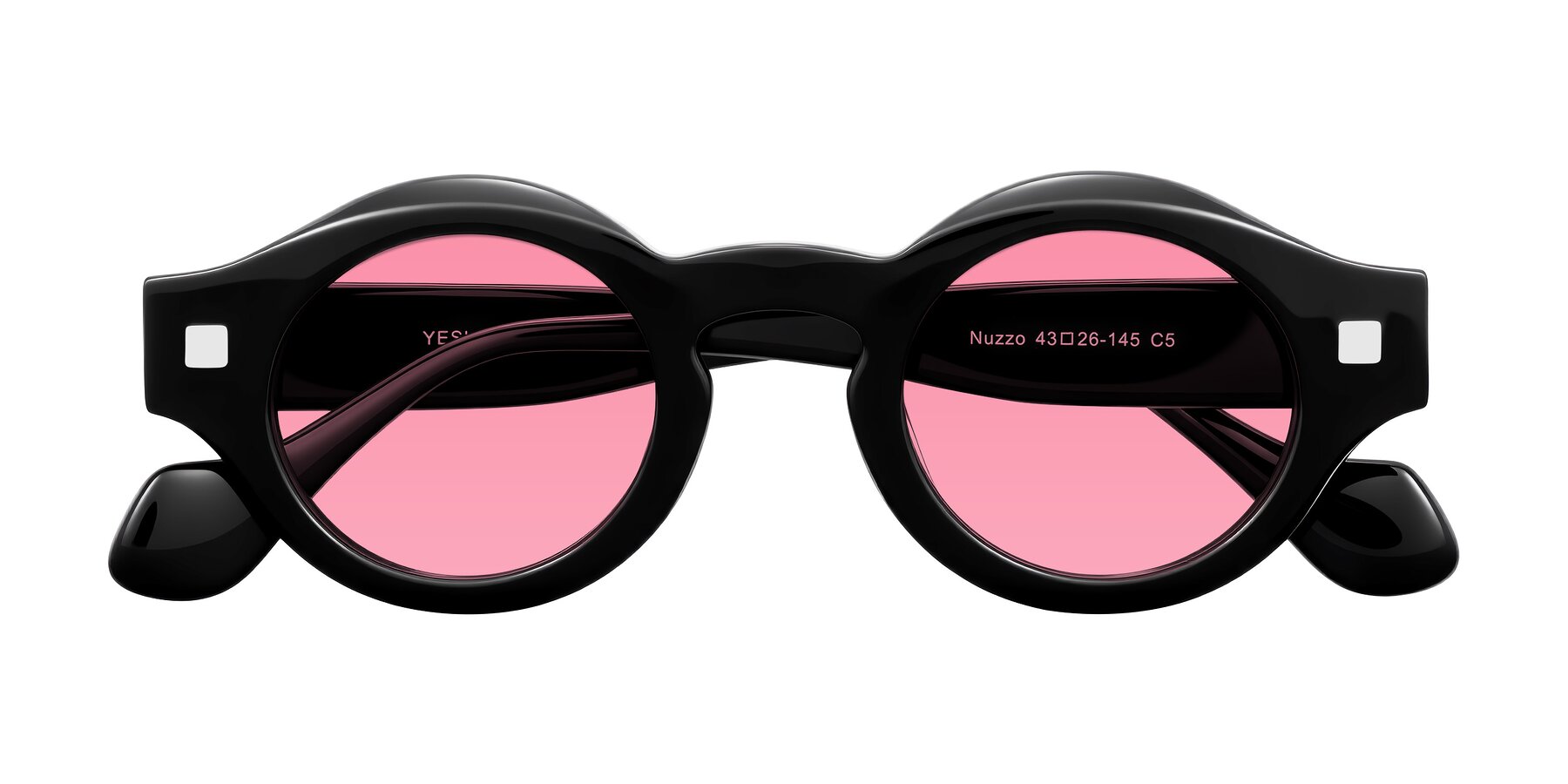 Folded Front of Nuzzo in Black with Pink Tinted Lenses