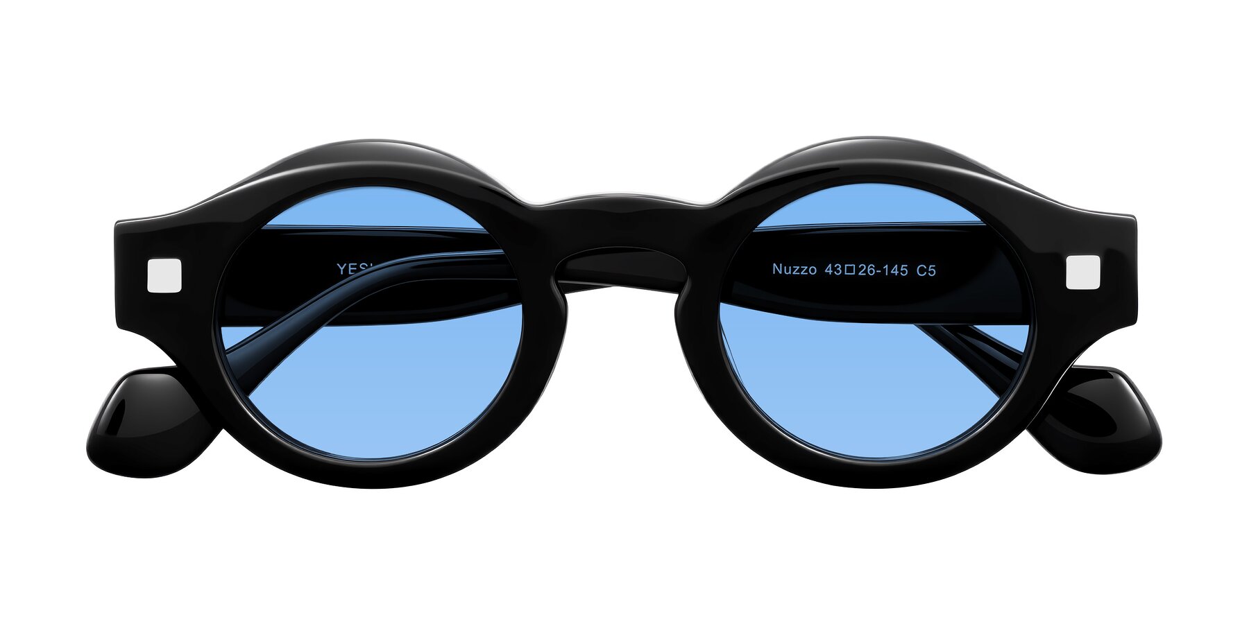 Folded Front of Nuzzo in Black with Medium Blue Tinted Lenses