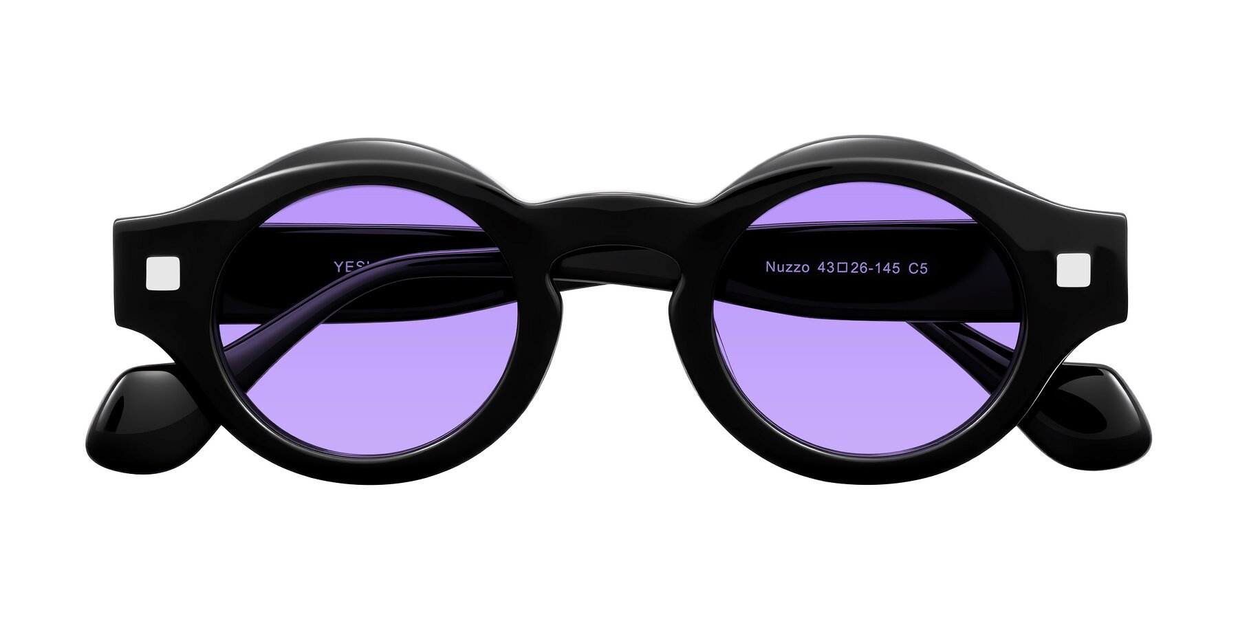 Folded Front of Nuzzo in Black with Medium Purple Tinted Lenses
