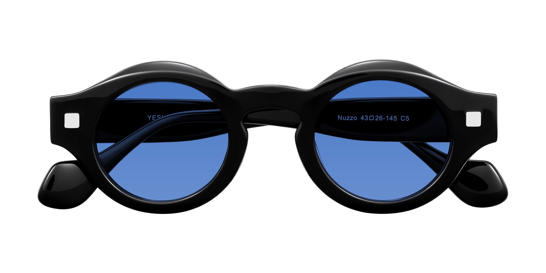 Folded Front of Nuzzo in Black with Blue Tinted Lenses