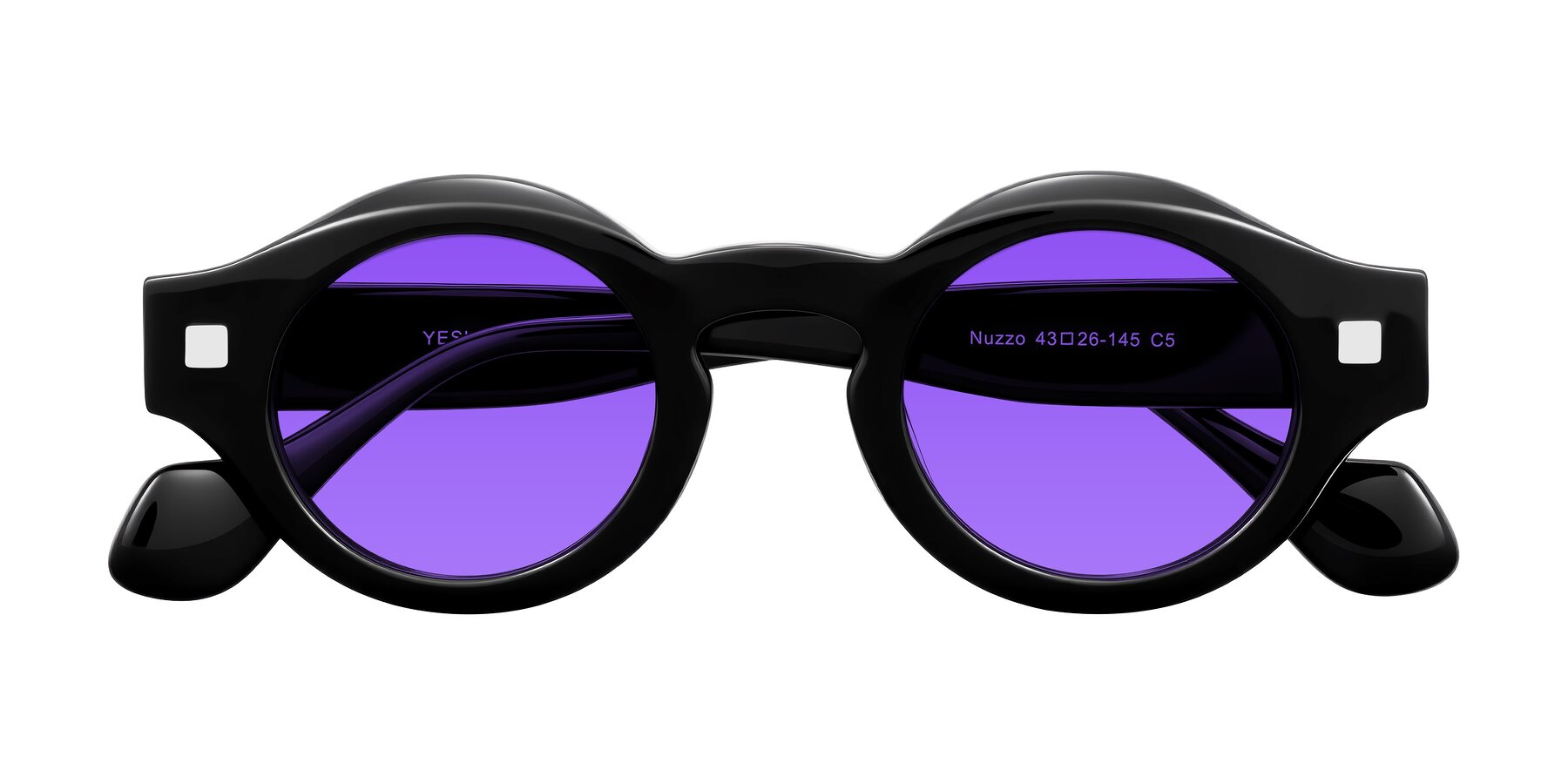 Folded Front of Nuzzo in Black with Purple Tinted Lenses