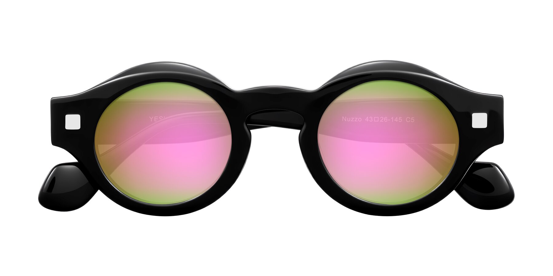 Folded Front of Nuzzo in Black with Pink Mirrored Lenses