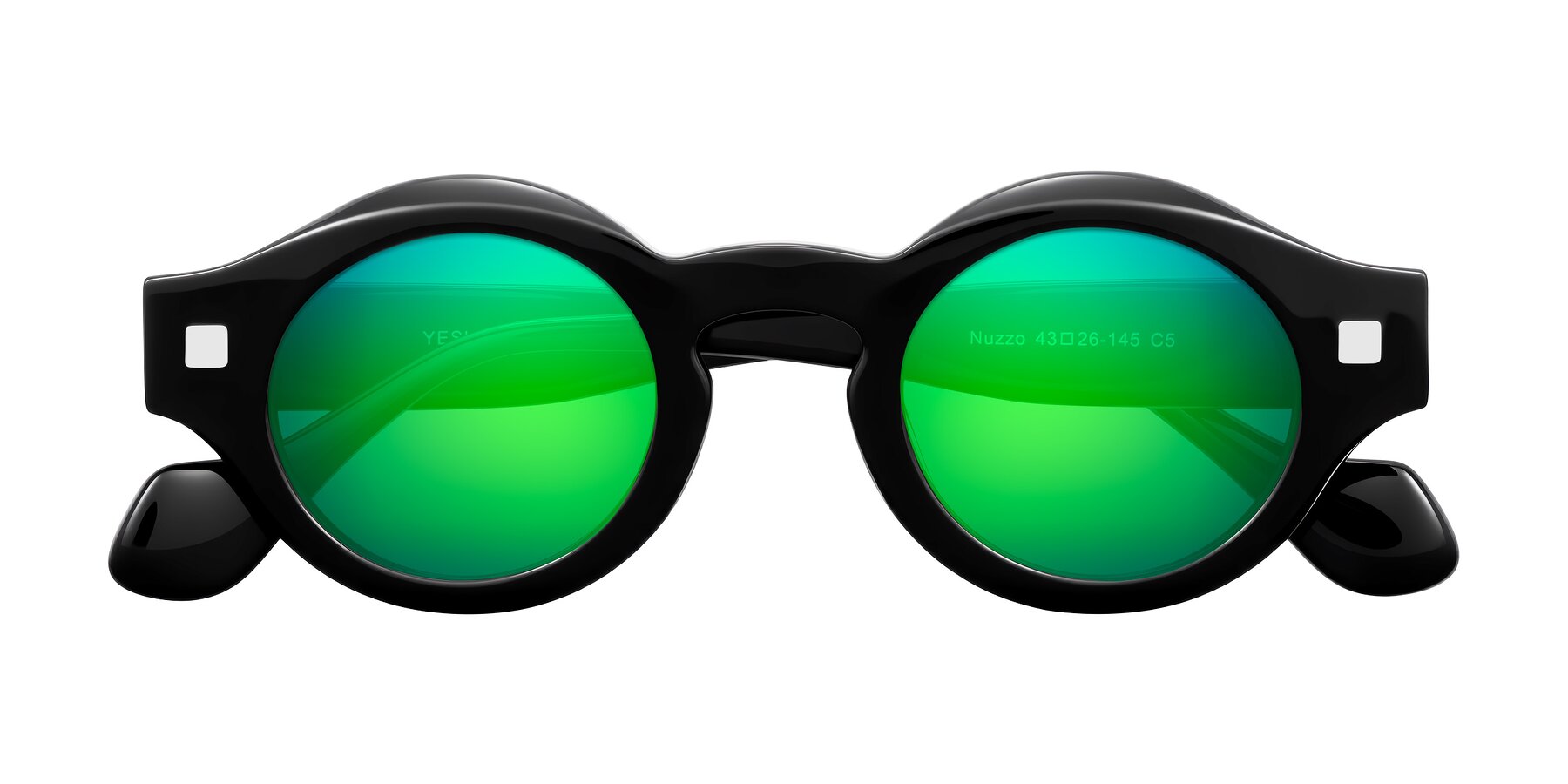 Folded Front of Nuzzo in Black with Green Mirrored Lenses