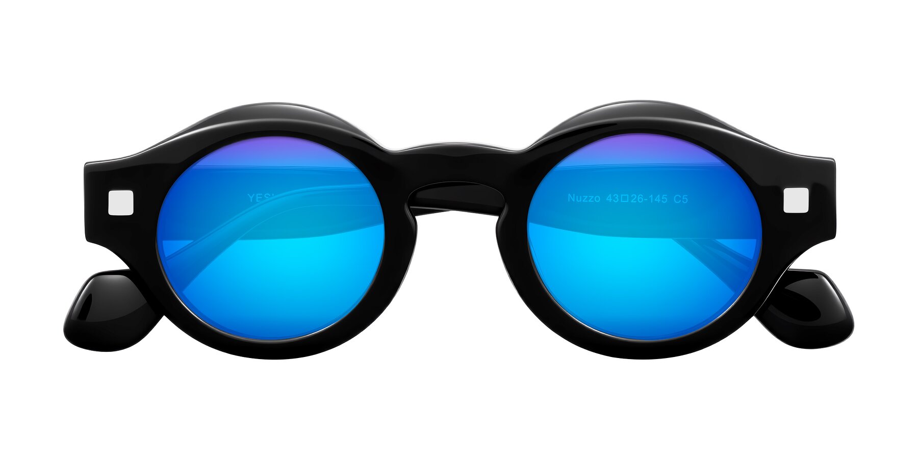 Folded Front of Nuzzo in Black with Blue Mirrored Lenses