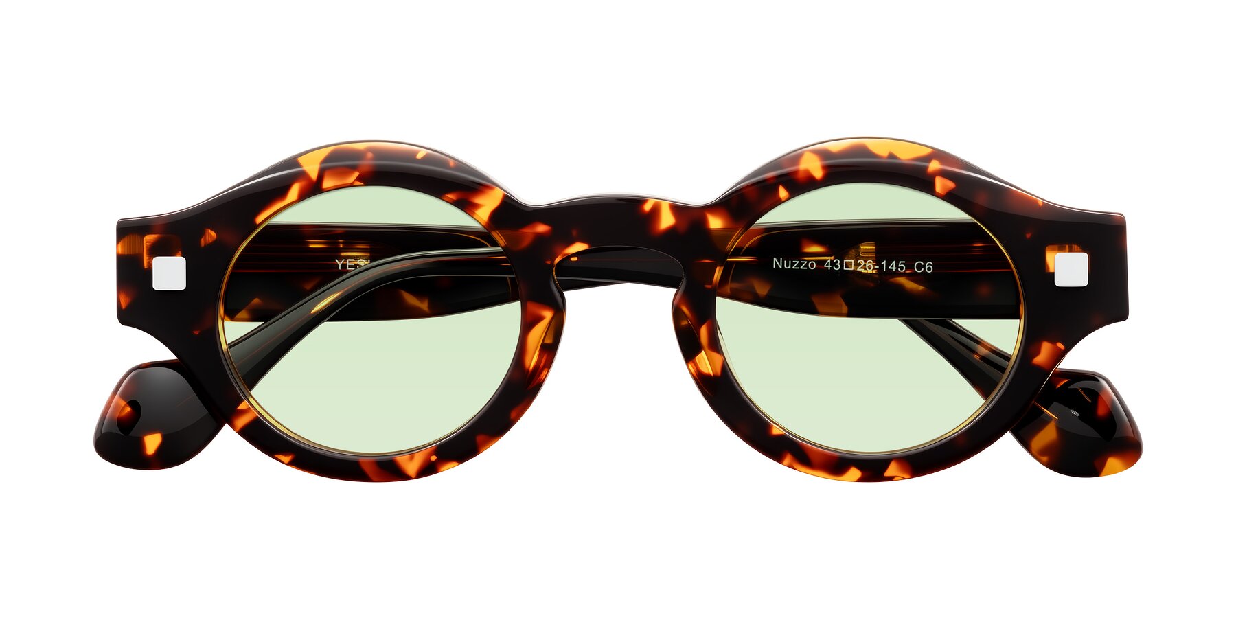 Folded Front of Nuzzo in Yellow Tortoise with Light Green Tinted Lenses