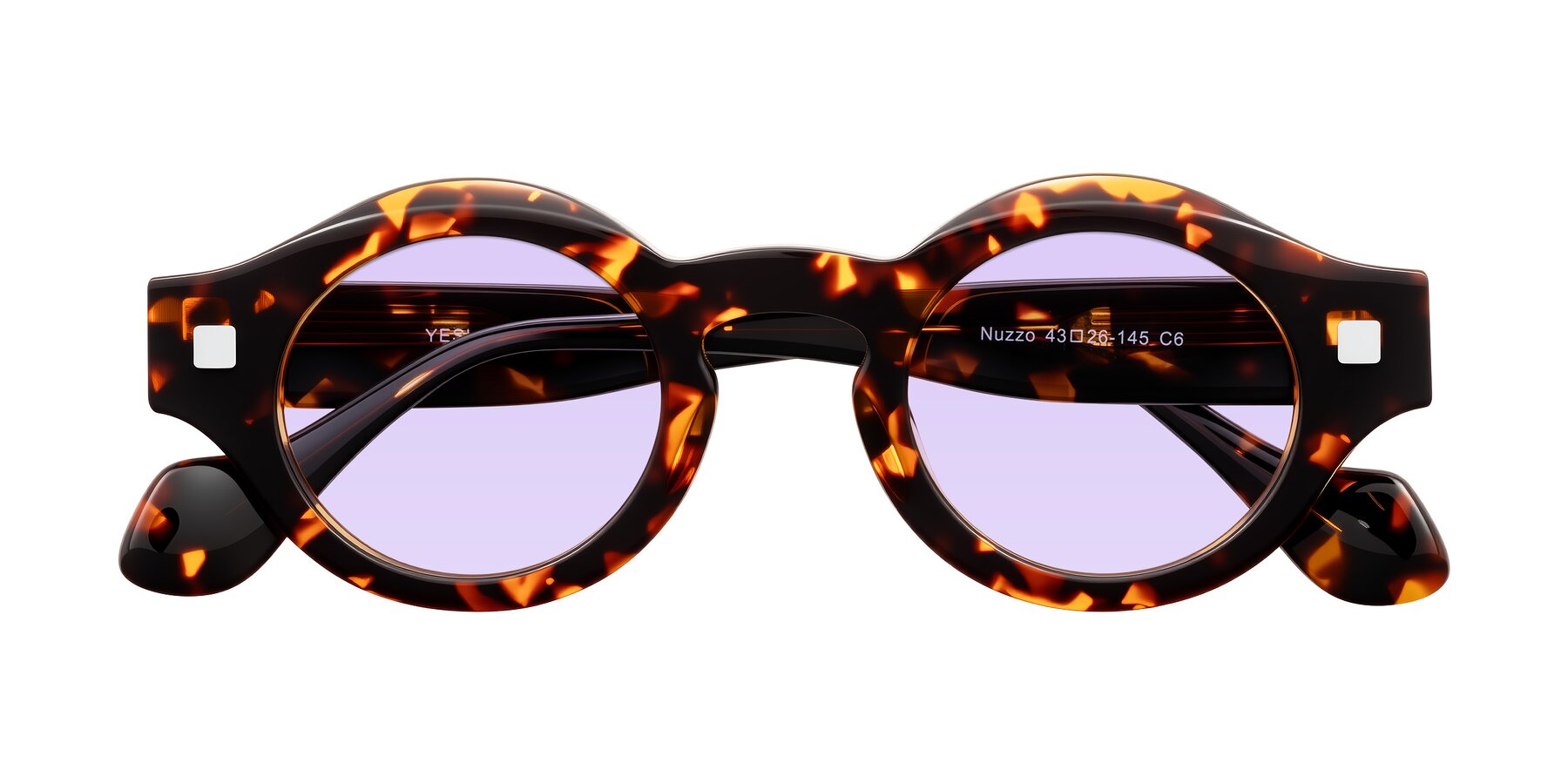 Folded Front of Nuzzo in Yellow Tortoise with Light Purple Tinted Lenses