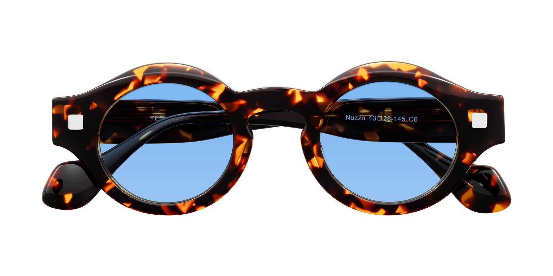Folded Front of Nuzzo in Yellow Tortoise with Medium Blue Tinted Lenses