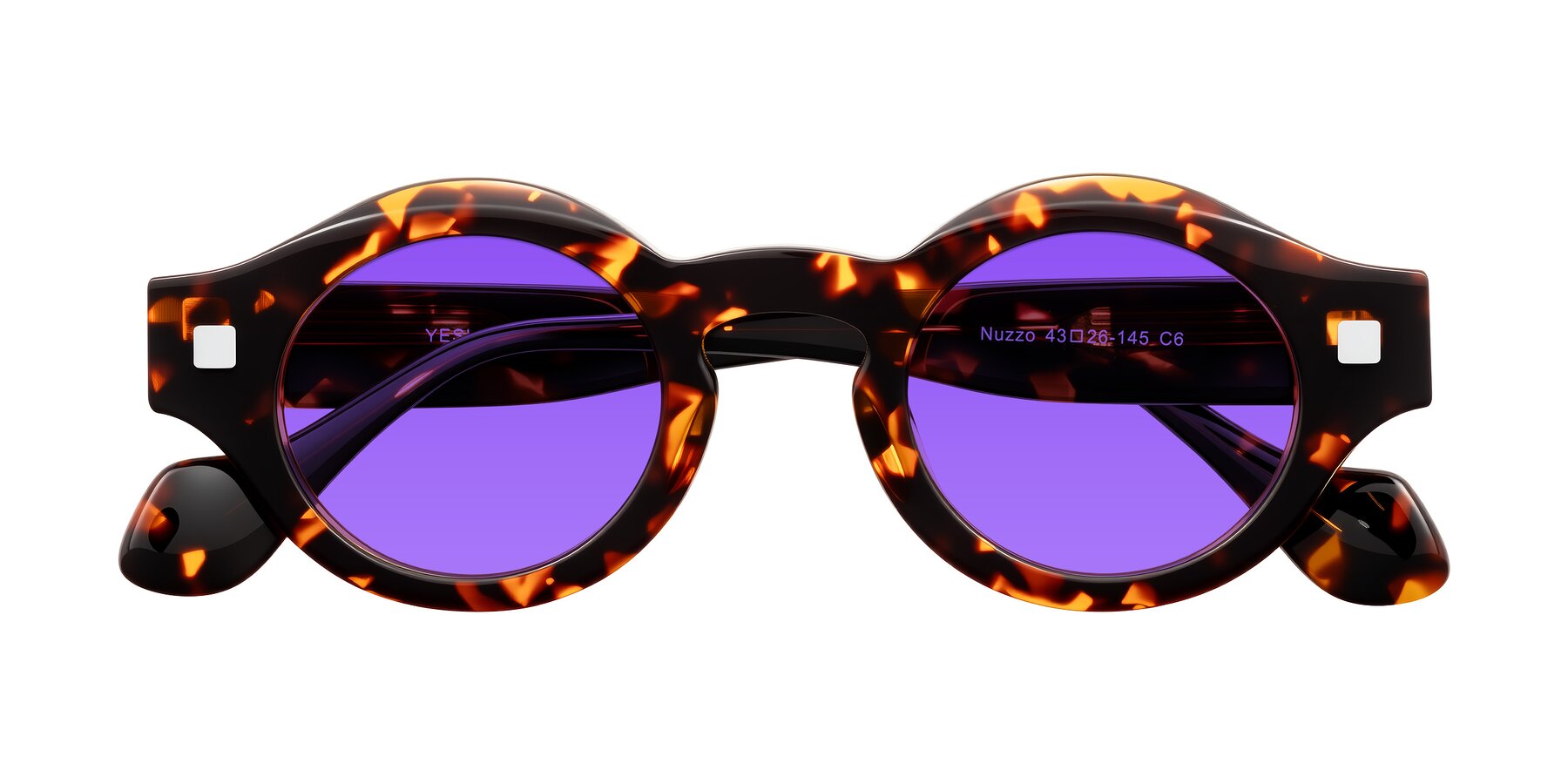 Folded Front of Nuzzo in Yellow Tortoise with Purple Tinted Lenses