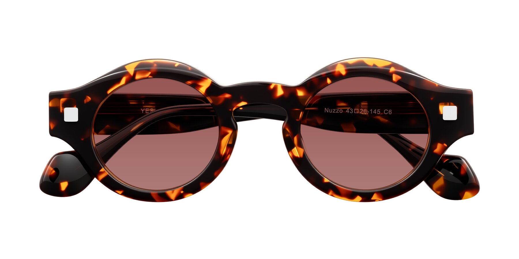 Folded Front of Nuzzo in Yellow Tortoise with Garnet Tinted Lenses
