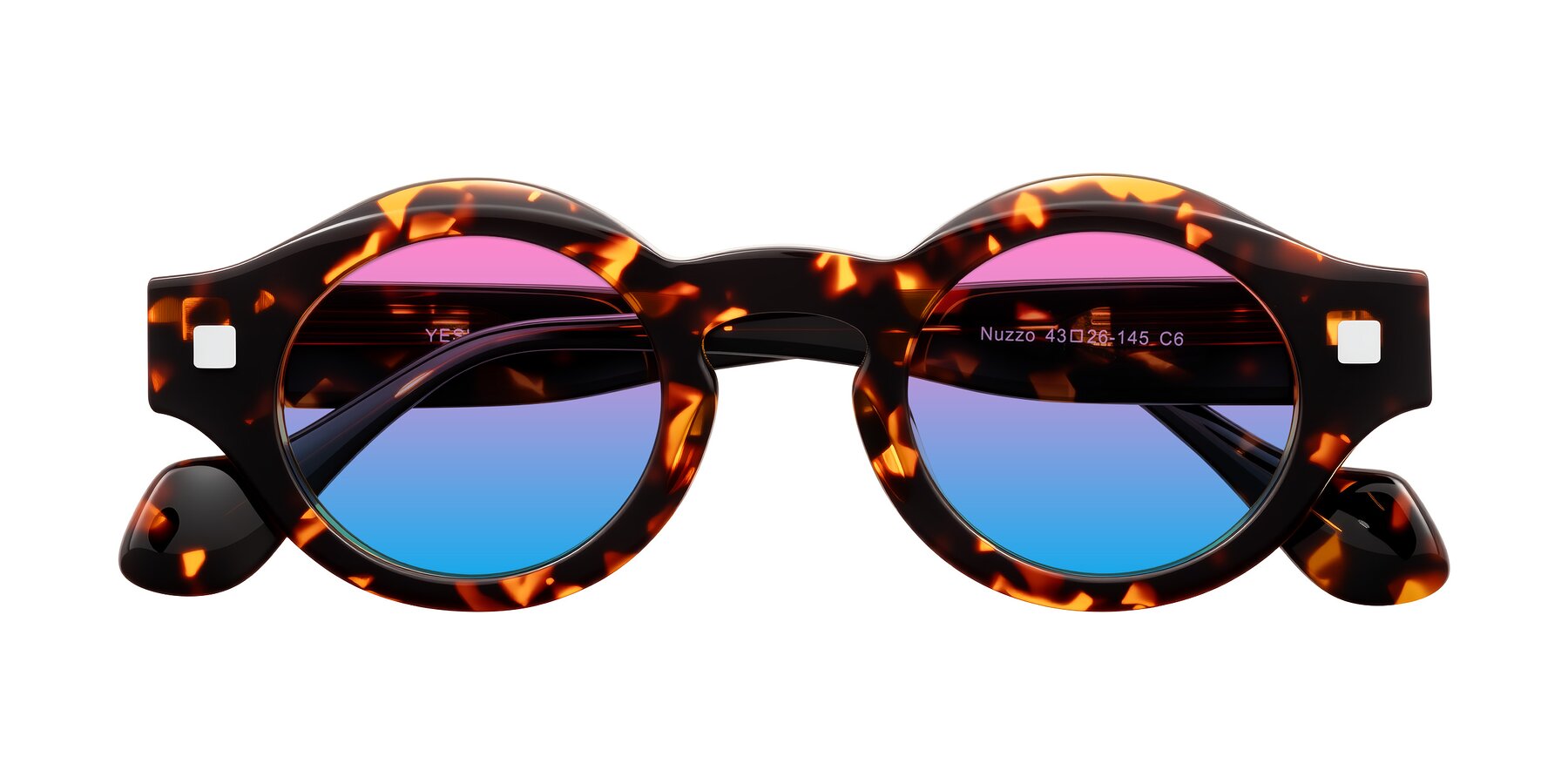 Folded Front of Nuzzo in Yellow Tortoise with Pink / Blue Gradient Lenses