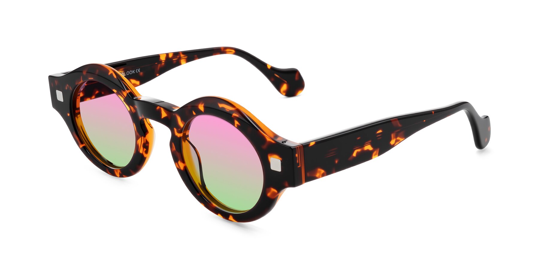 Angle of Nuzzo in Yellow Tortoise with Pink / Green Gradient Lenses