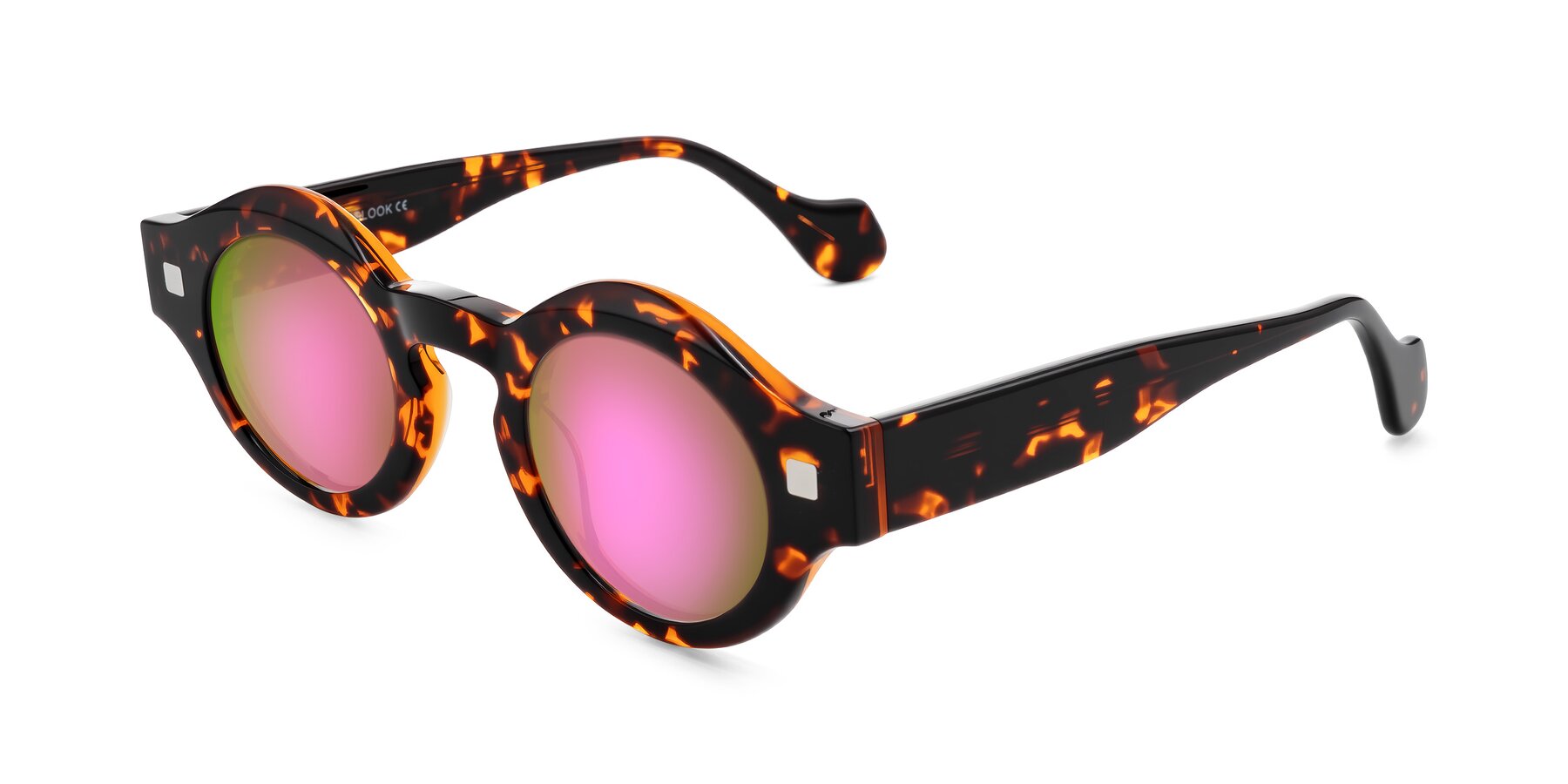 Angle of Nuzzo in Yellow Tortoise with Pink Mirrored Lenses