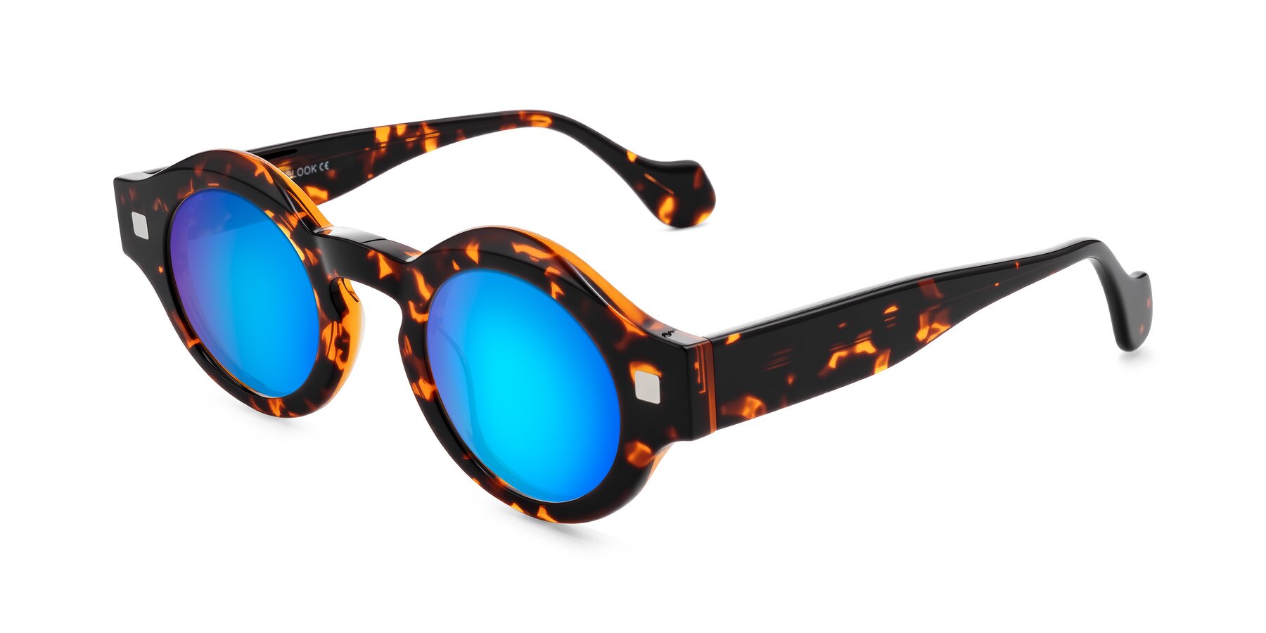 Angle of Nuzzo in Yellow Tortoise with Blue Mirrored Lenses