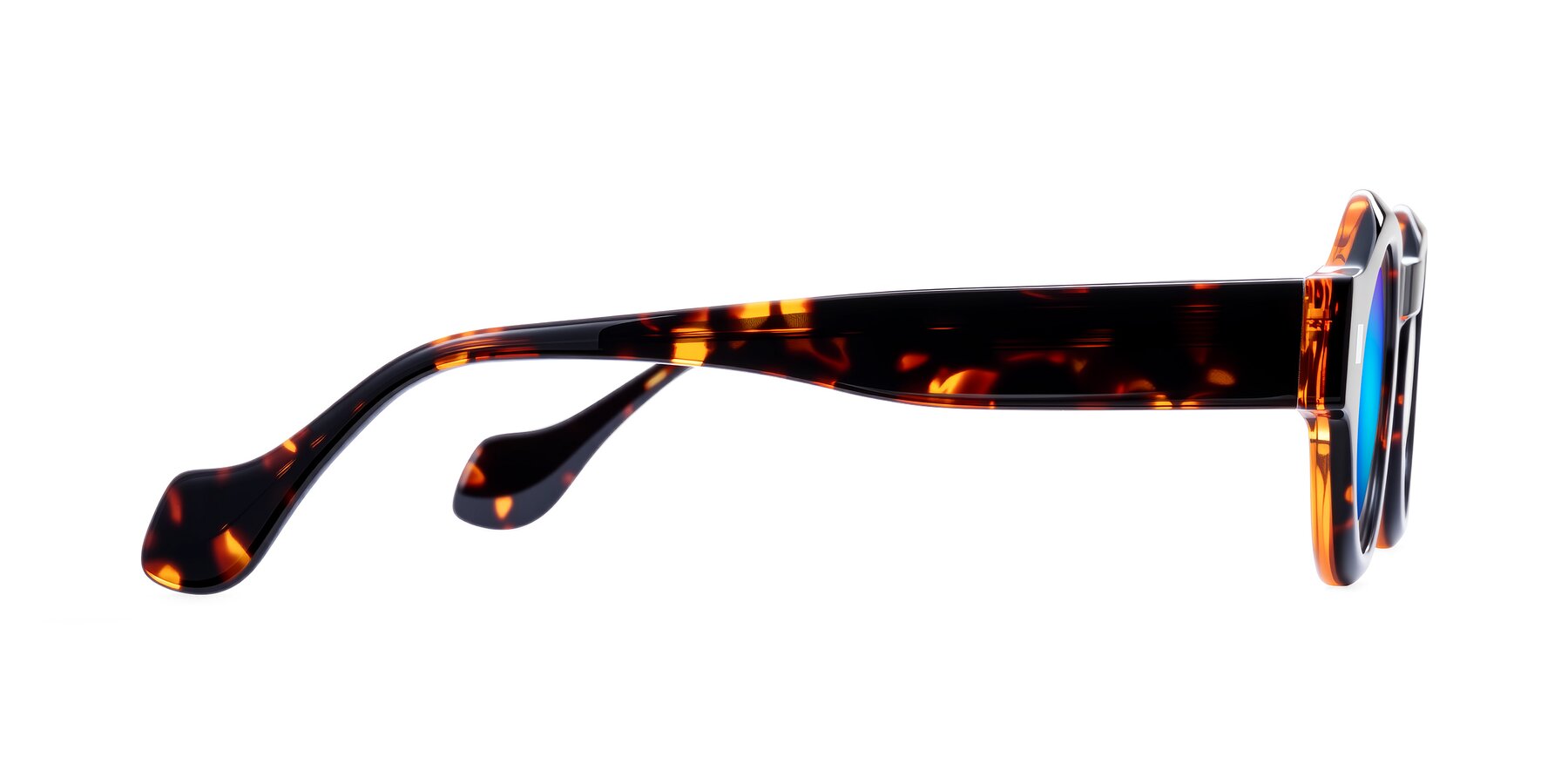 Side of Nuzzo in Yellow Tortoise with Blue Mirrored Lenses