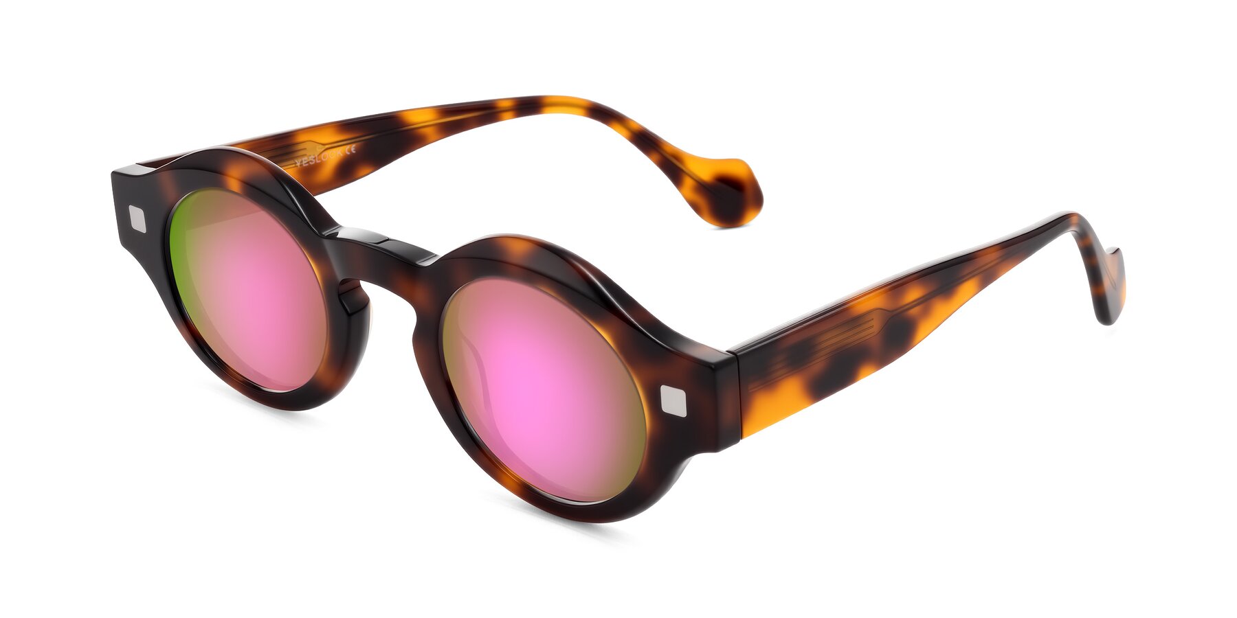 Angle of Nuzzo in Tortoise with Pink Mirrored Lenses