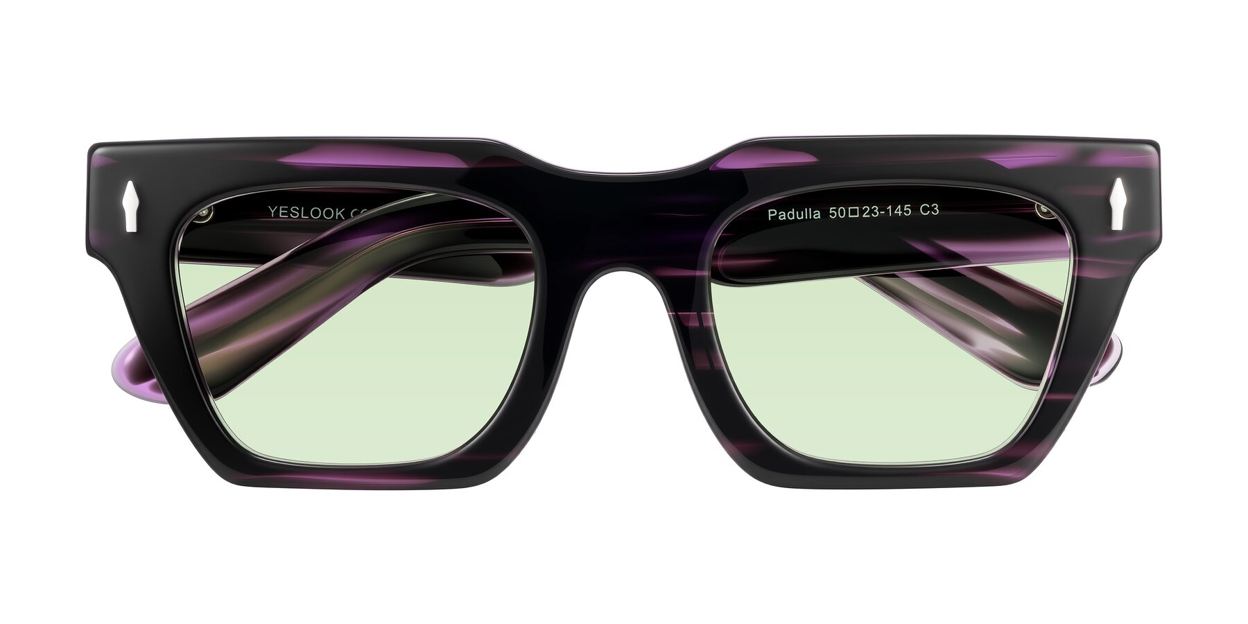 Folded Front of Padulla in Dark Purple Striped with Light Green Tinted Lenses