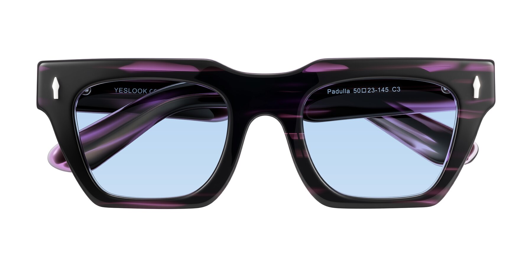 Folded Front of Padulla in Dark Purple Striped with Light Blue Tinted Lenses