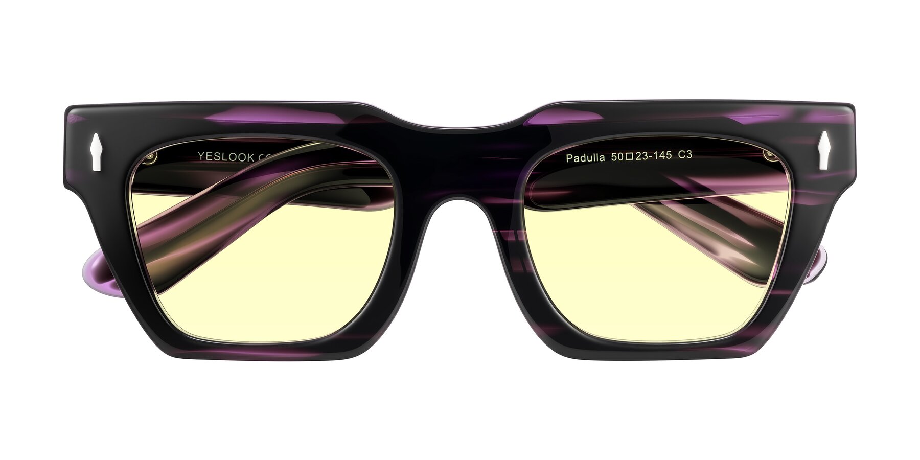 Folded Front of Padulla in Dark Purple Striped with Light Yellow Tinted Lenses