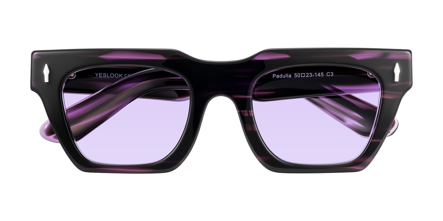 Folded Front of Padulla in Dark Purple Striped with Light Purple Tinted Lenses
