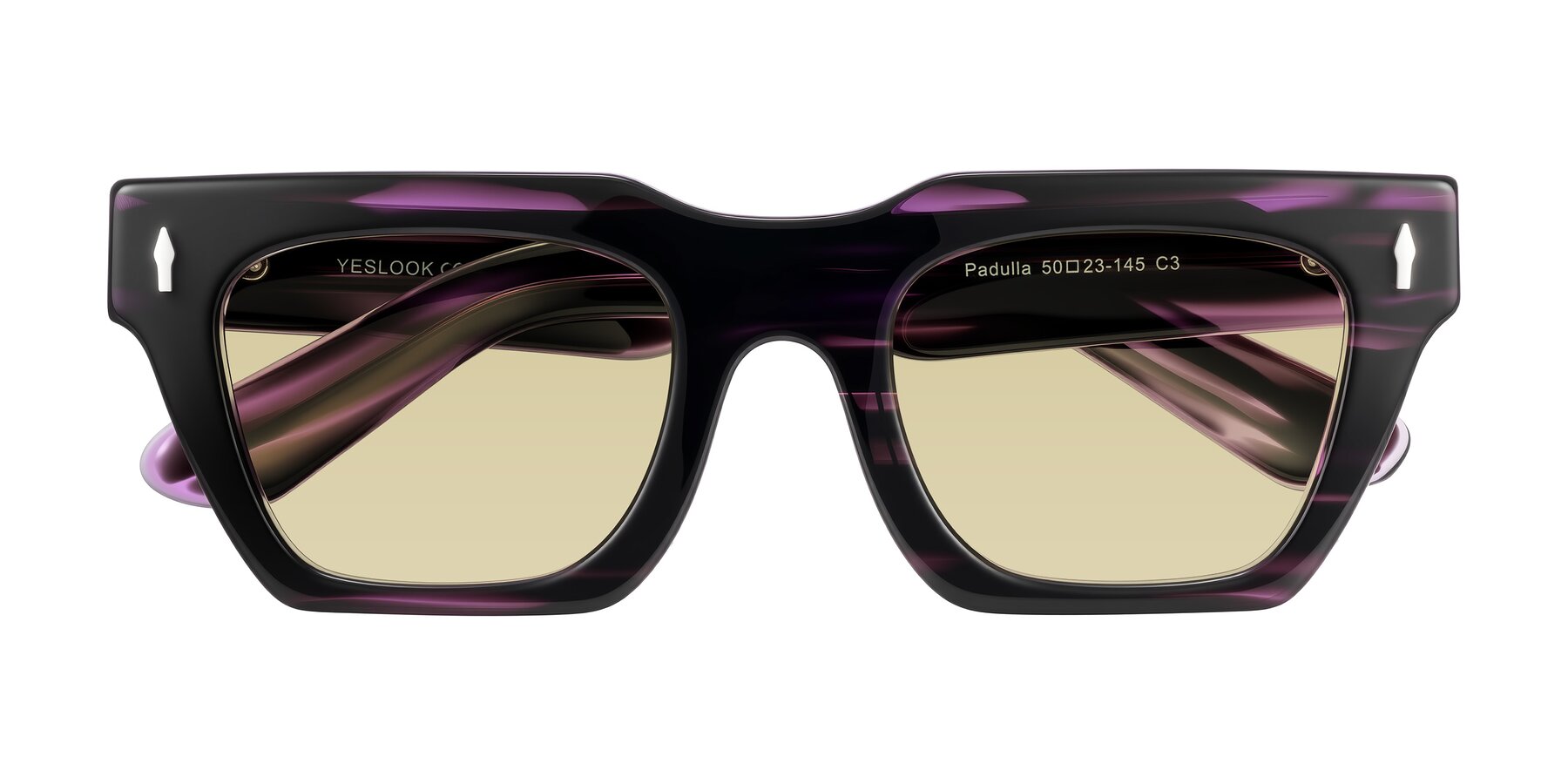 Folded Front of Padulla in Dark Purple Striped with Light Champagne Tinted Lenses