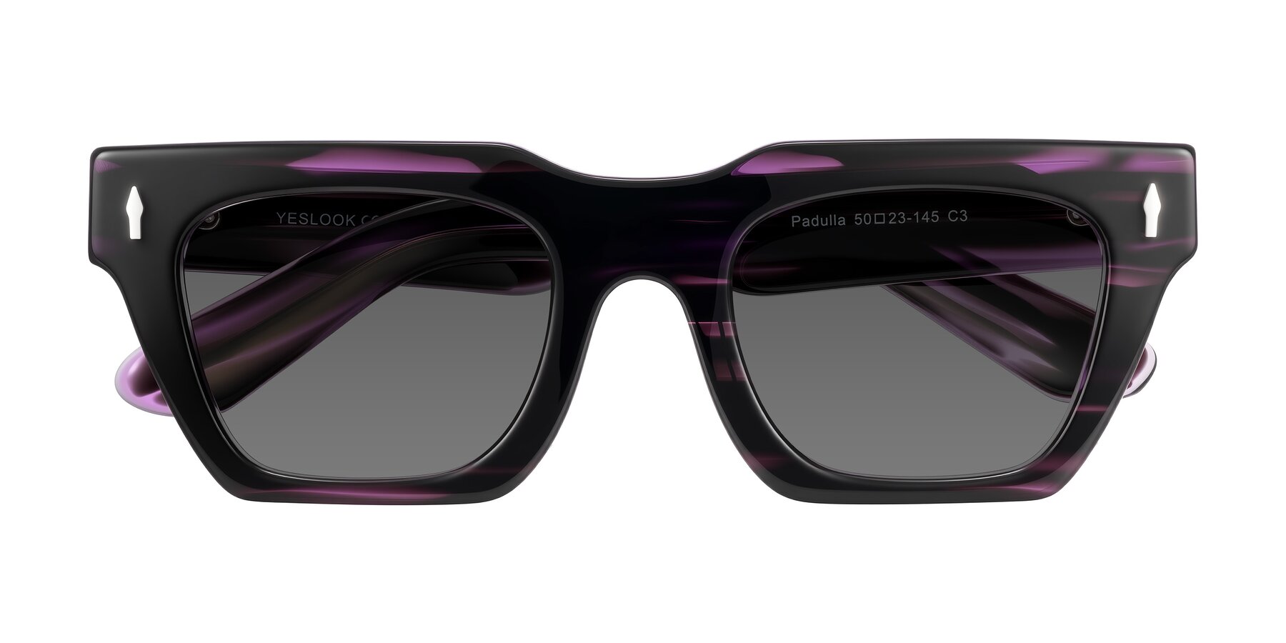 Folded Front of Padulla in Dark Purple Striped with Medium Gray Tinted Lenses