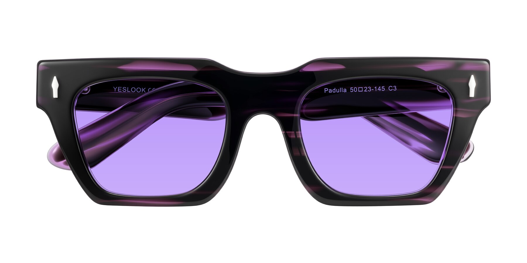 Folded Front of Padulla in Dark Purple Striped with Medium Purple Tinted Lenses