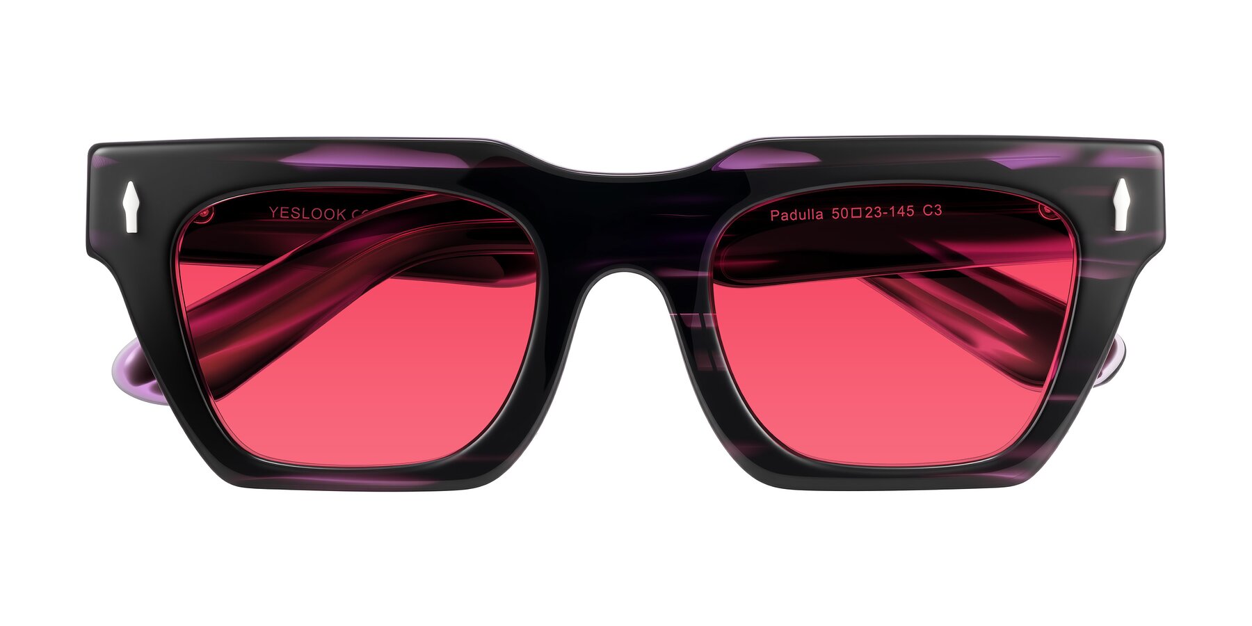 Folded Front of Padulla in Dark Purple Striped with Red Tinted Lenses