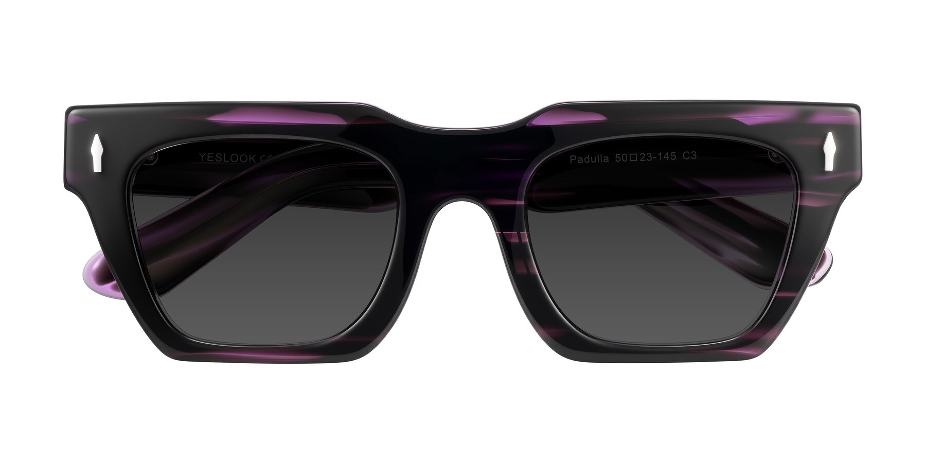 Folded Front of Padulla in Dark Purple Striped with Gray Tinted Lenses