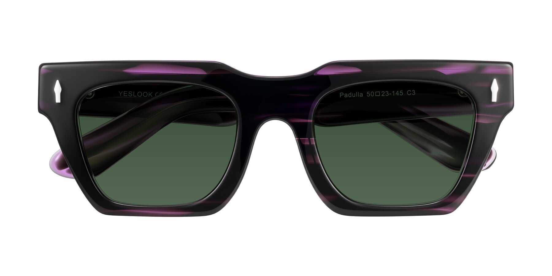Folded Front of Padulla in Dark Purple Striped with Green Tinted Lenses