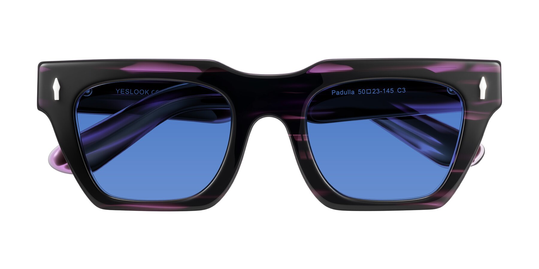 Folded Front of Padulla in Dark Purple Striped with Blue Tinted Lenses