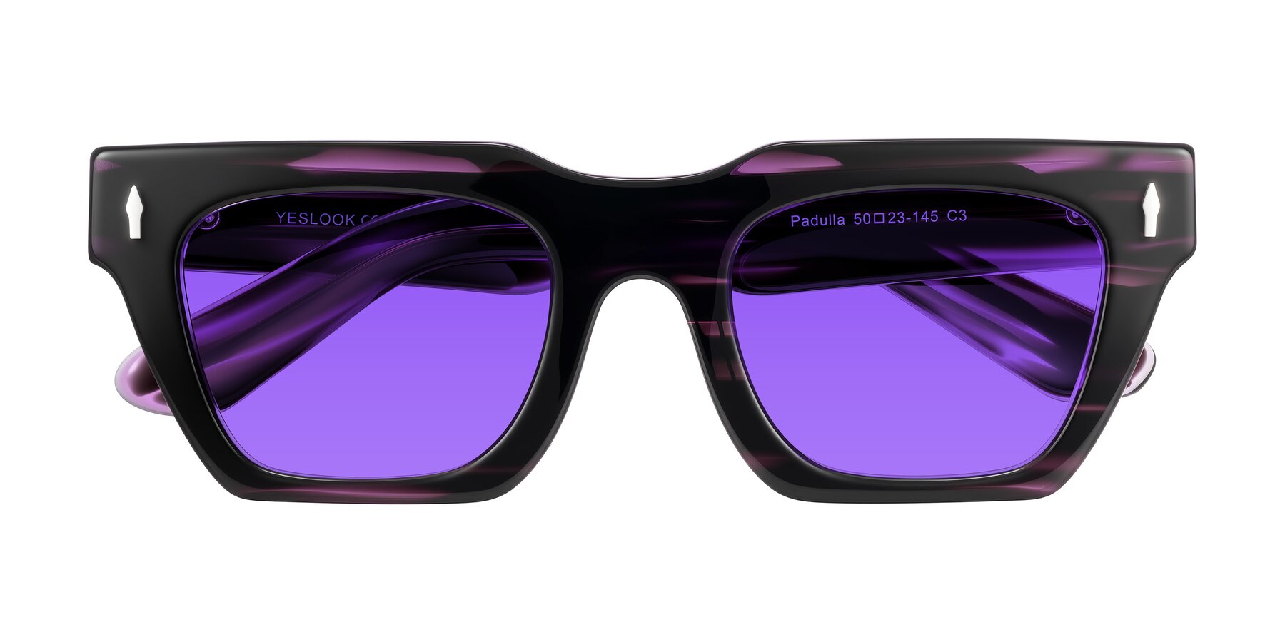 Folded Front of Padulla in Dark Purple Striped with Purple Tinted Lenses