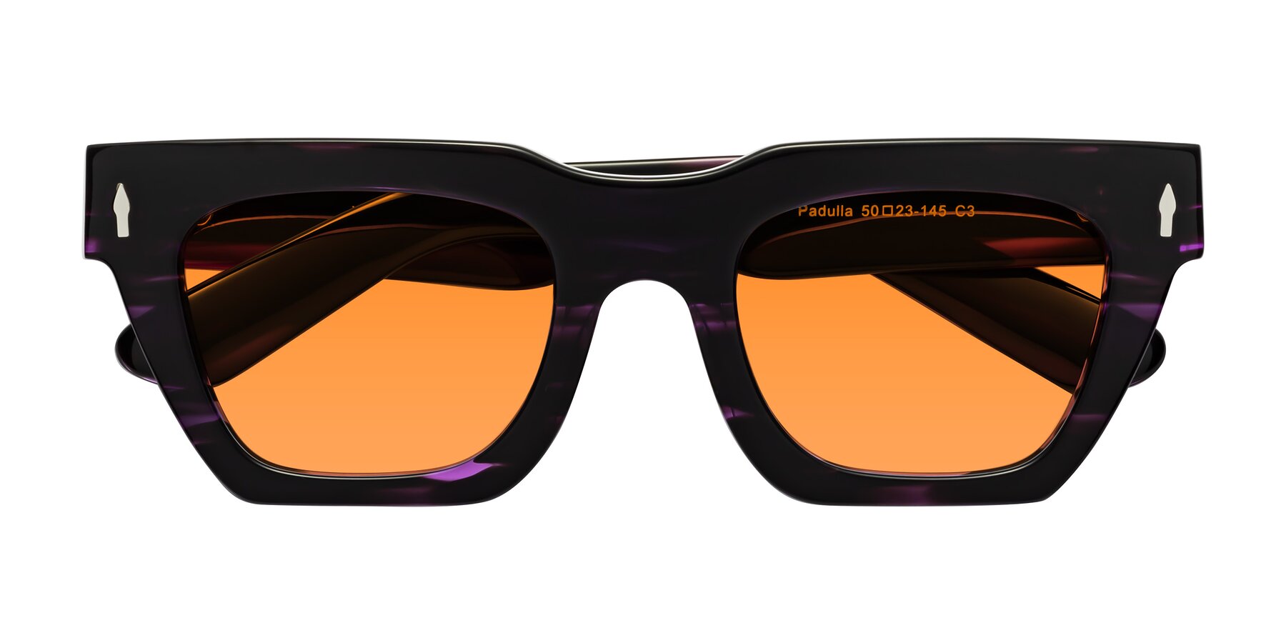 Folded Front of Padulla in Dark Purple Striped with Orange Tinted Lenses