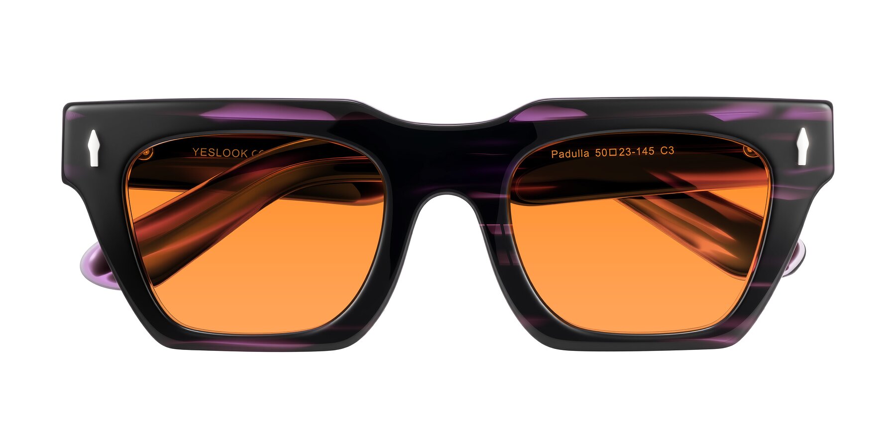 Folded Front of Padulla in Dark Purple Striped with Orange Tinted Lenses