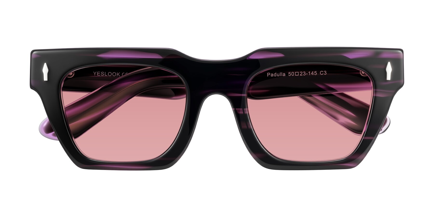 Folded Front of Padulla in Dark Purple Striped with Medium Garnet Tinted Lenses