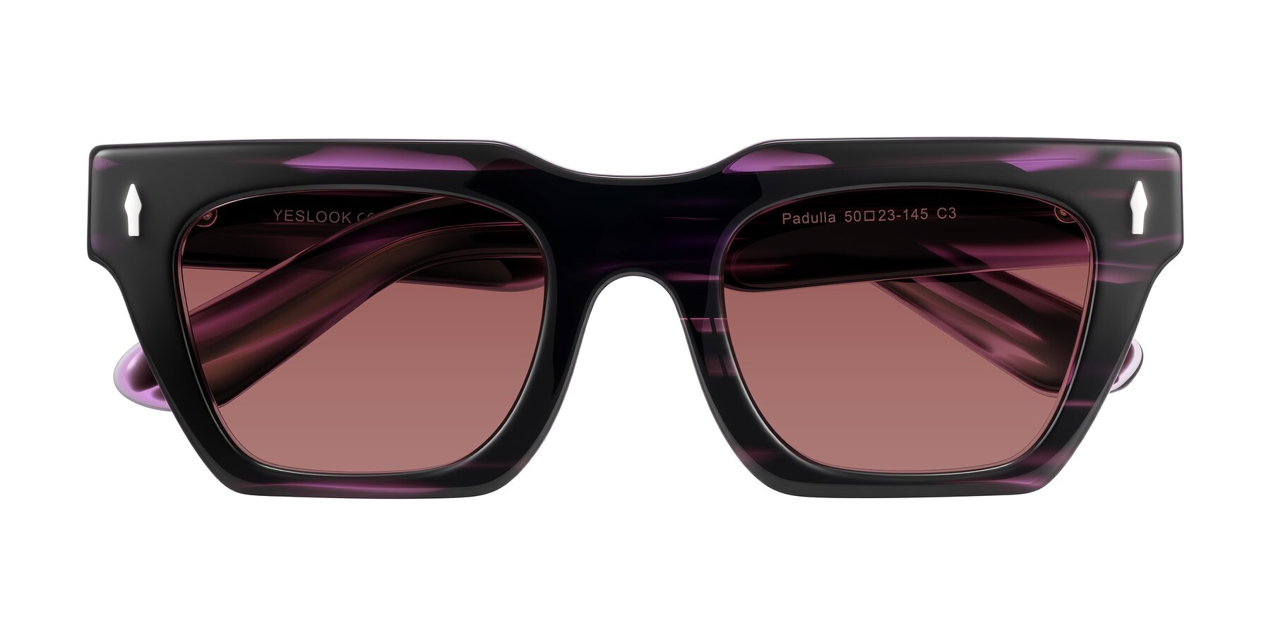 Folded Front of Padulla in Dark Purple Striped with Garnet Tinted Lenses