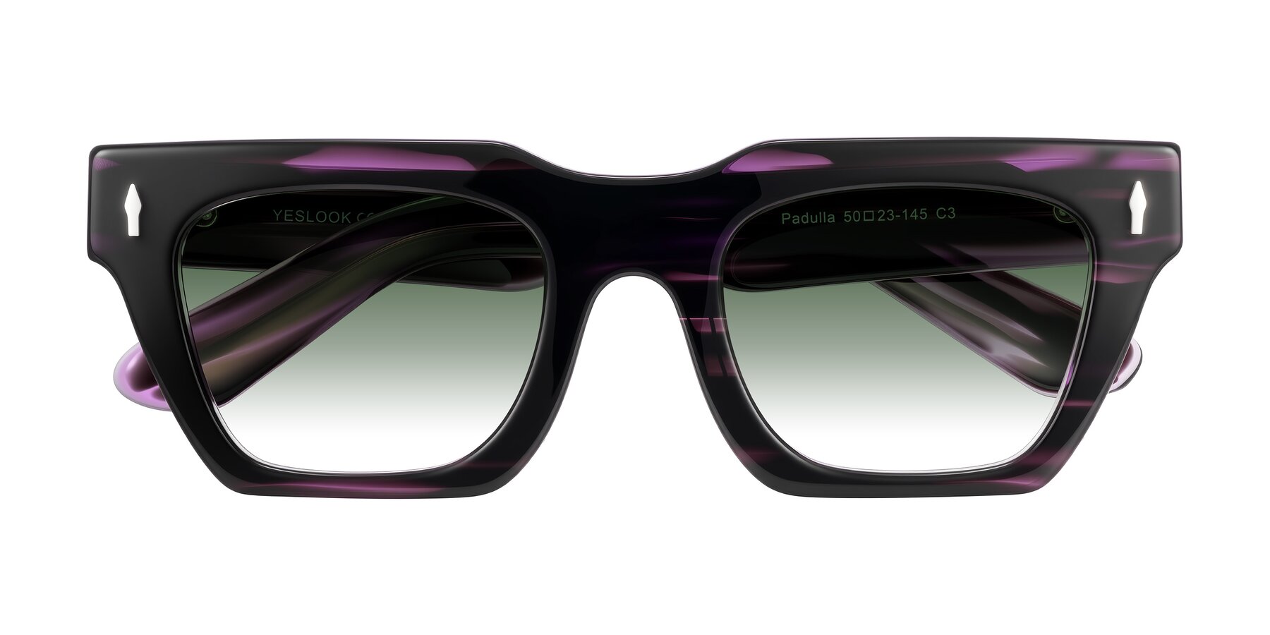 Folded Front of Padulla in Dark Purple Striped with Green Gradient Lenses