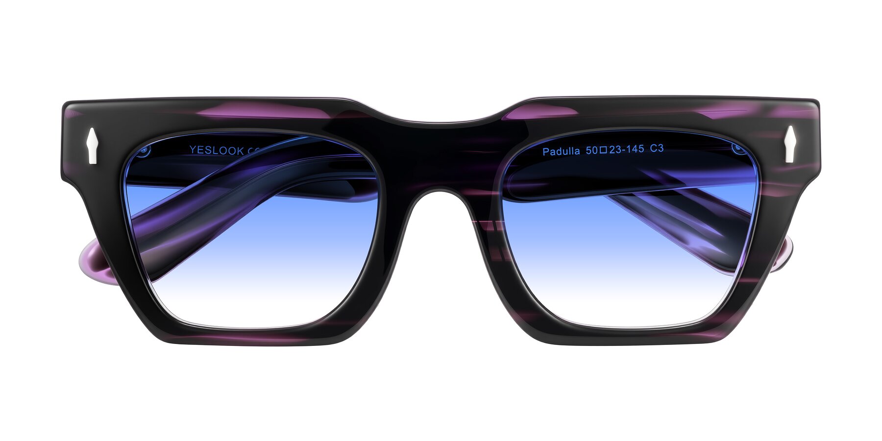 Folded Front of Padulla in Dark Purple Striped with Blue Gradient Lenses