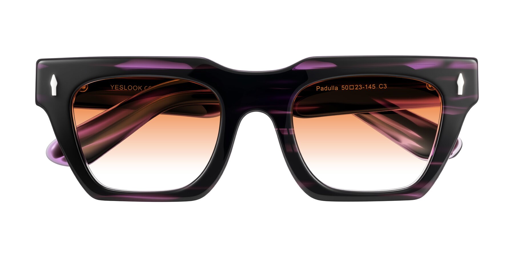 Folded Front of Padulla in Dark Purple Striped with Orange Gradient Lenses