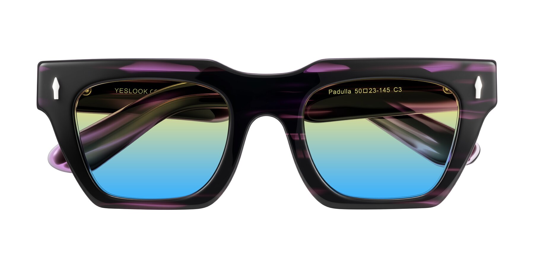 Folded Front of Padulla in Dark Purple Striped with Yellow / Blue Gradient Lenses