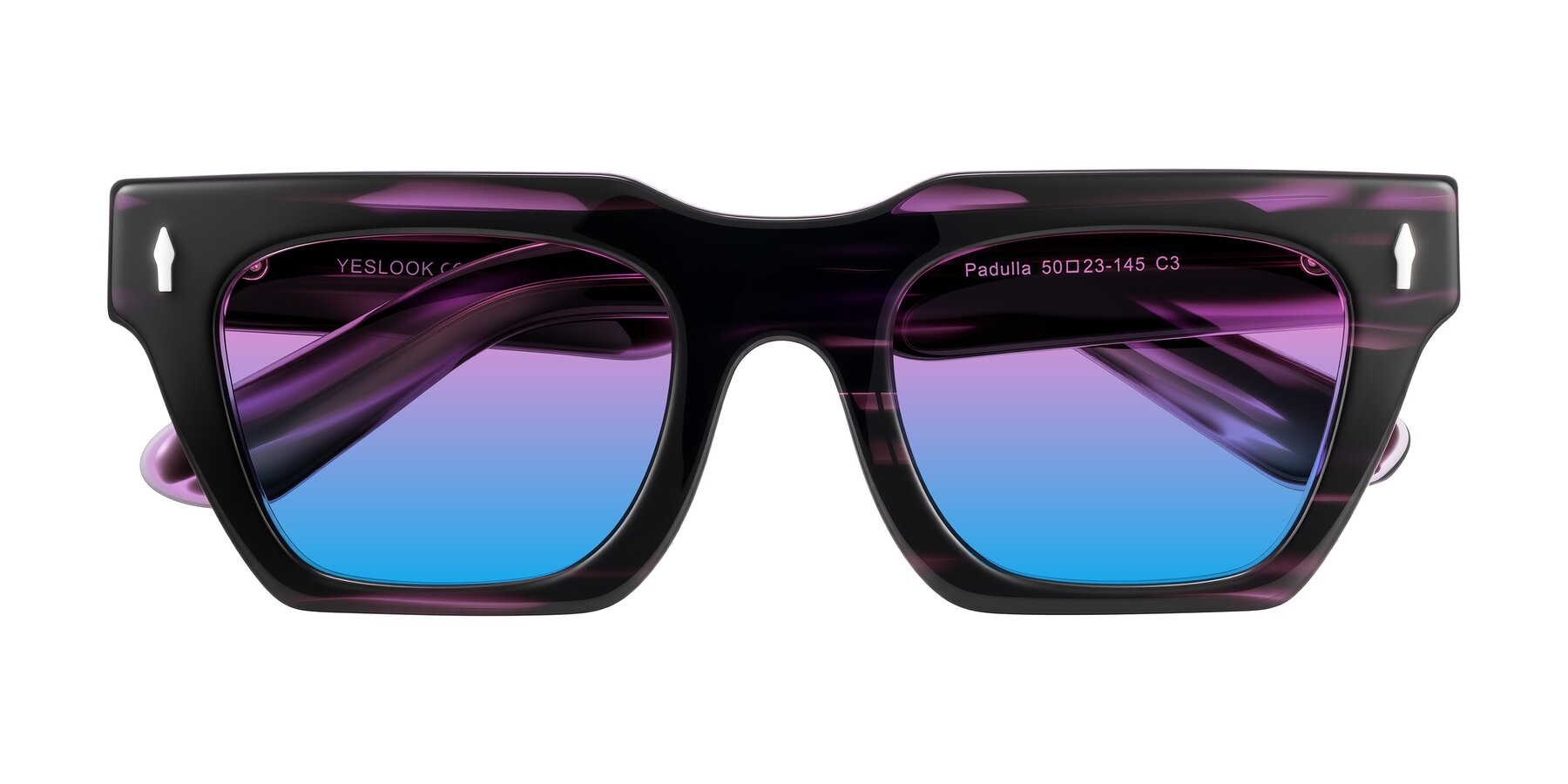 Folded Front of Padulla in Dark Purple Striped with Pink / Blue Gradient Lenses