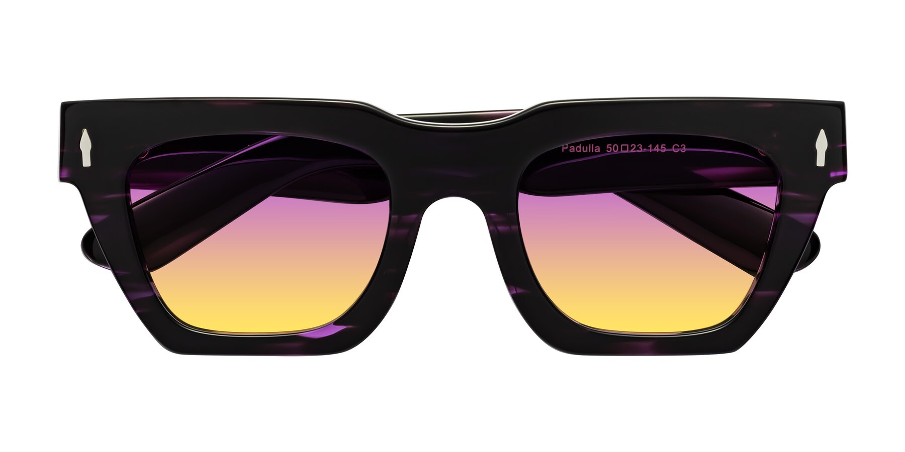 Folded Front of Padulla in Dark Purple Striped with Purple / Yellow Gradient Lenses