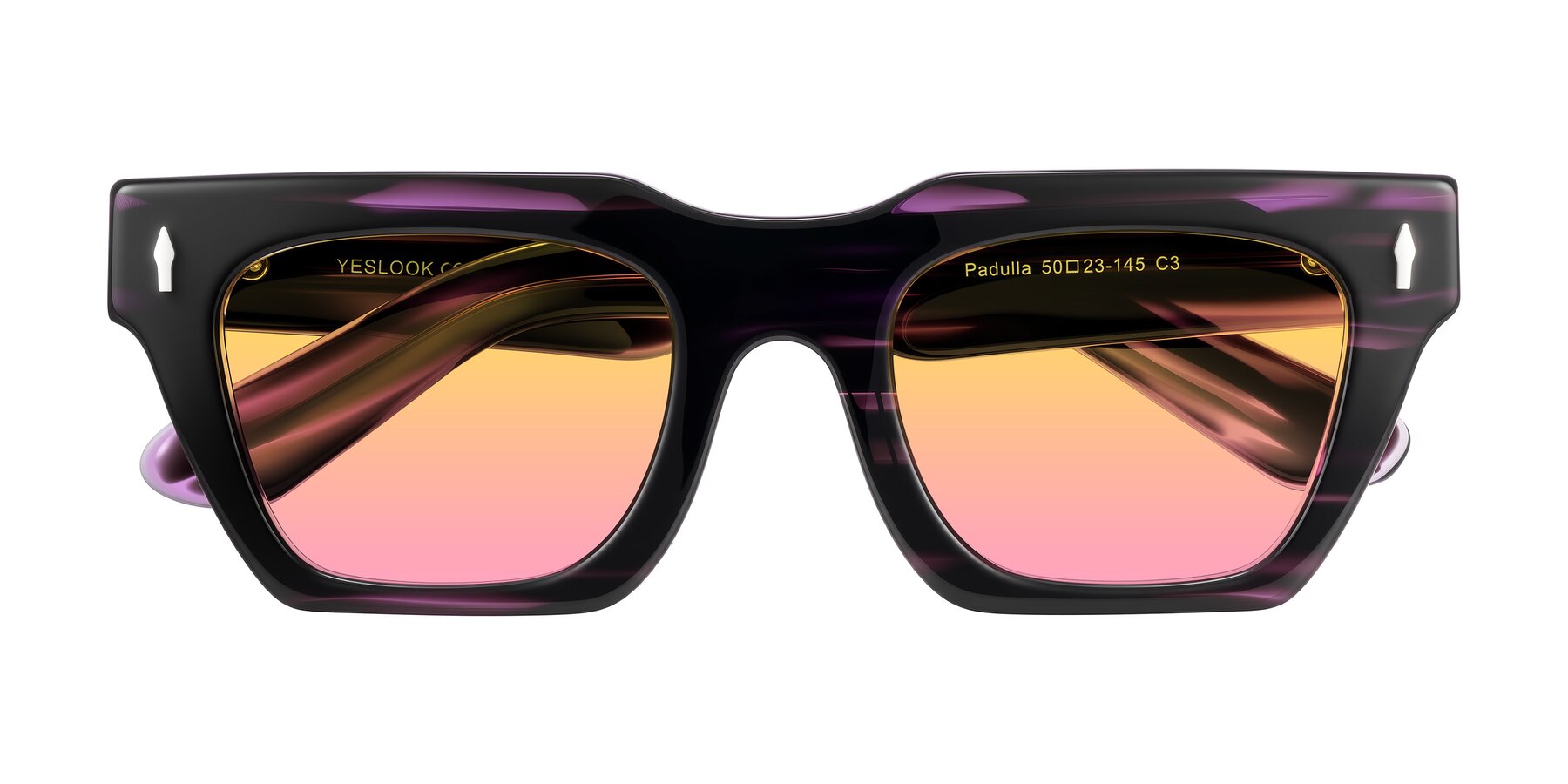 Folded Front of Padulla in Dark Purple Striped with Yellow / Pink Gradient Lenses