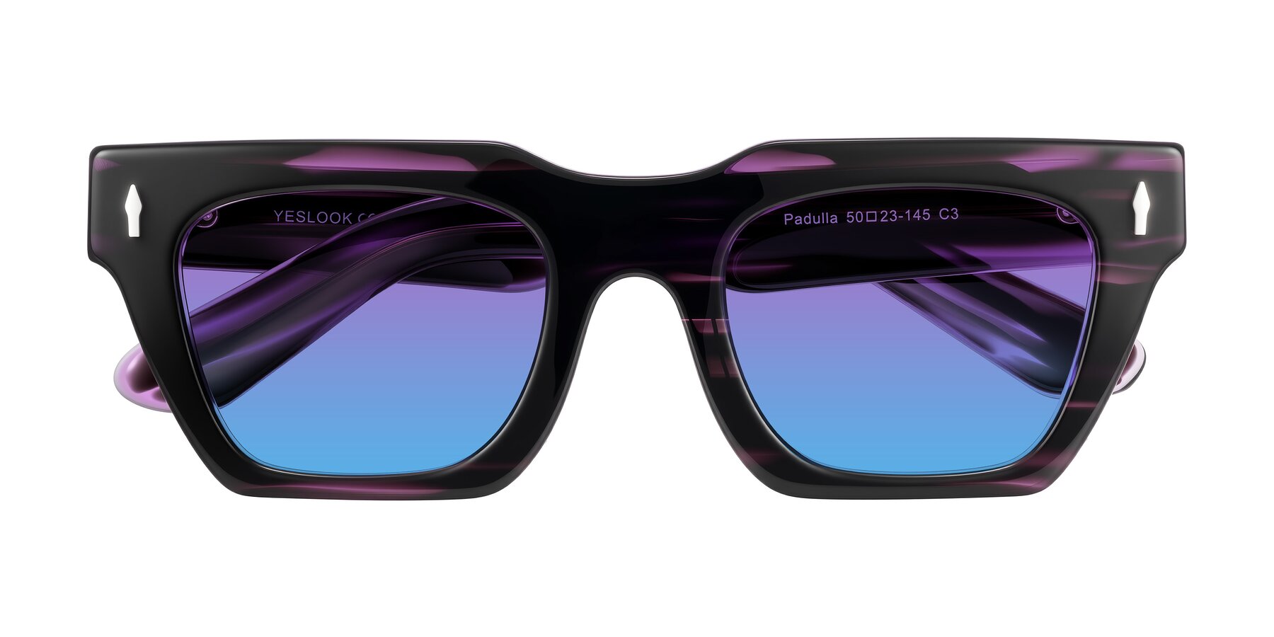 Folded Front of Padulla in Dark Purple Striped with Purple / Blue Gradient Lenses