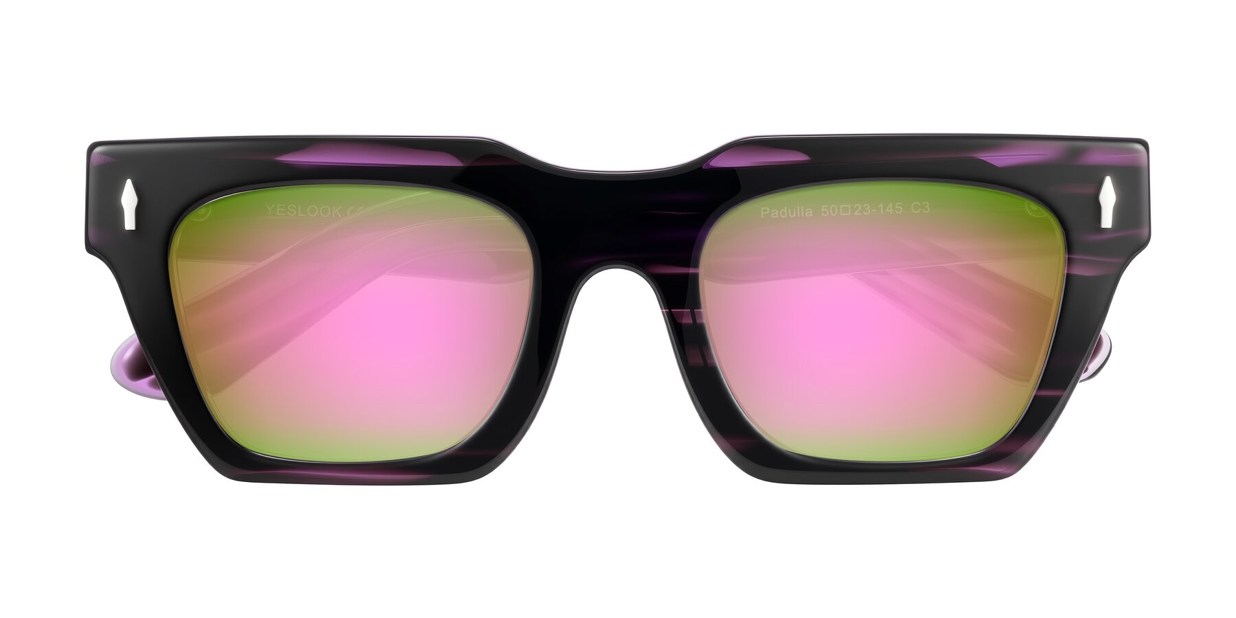 Folded Front of Padulla in Dark Purple Striped with Pink Mirrored Lenses