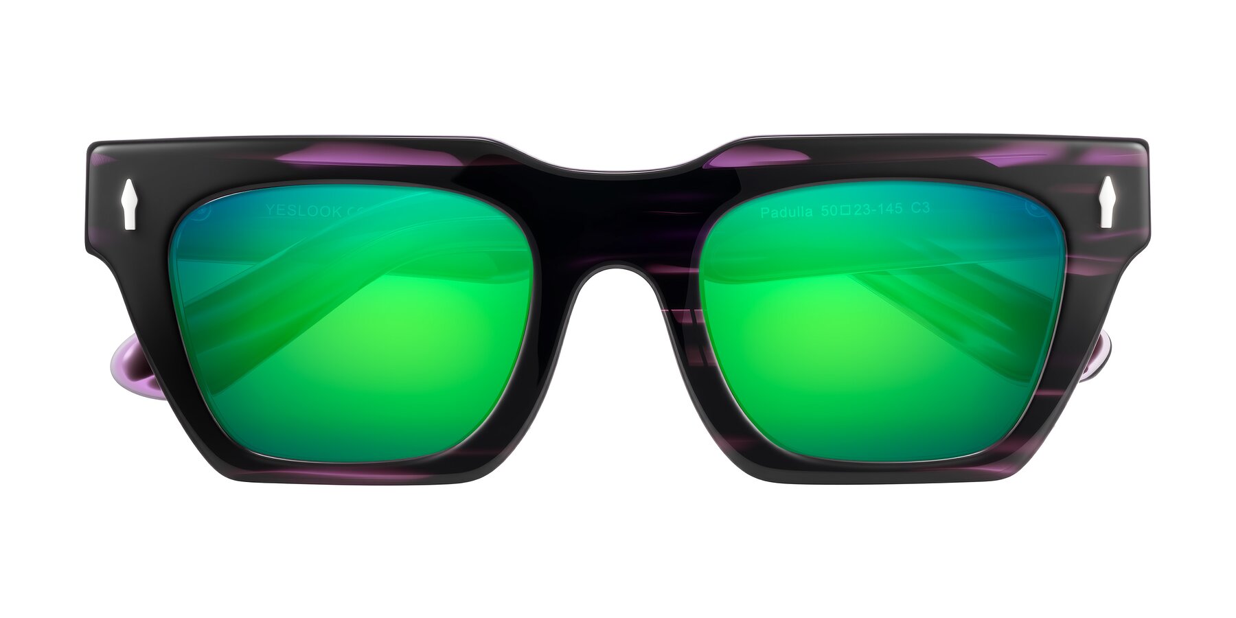Folded Front of Padulla in Dark Purple Striped with Green Mirrored Lenses